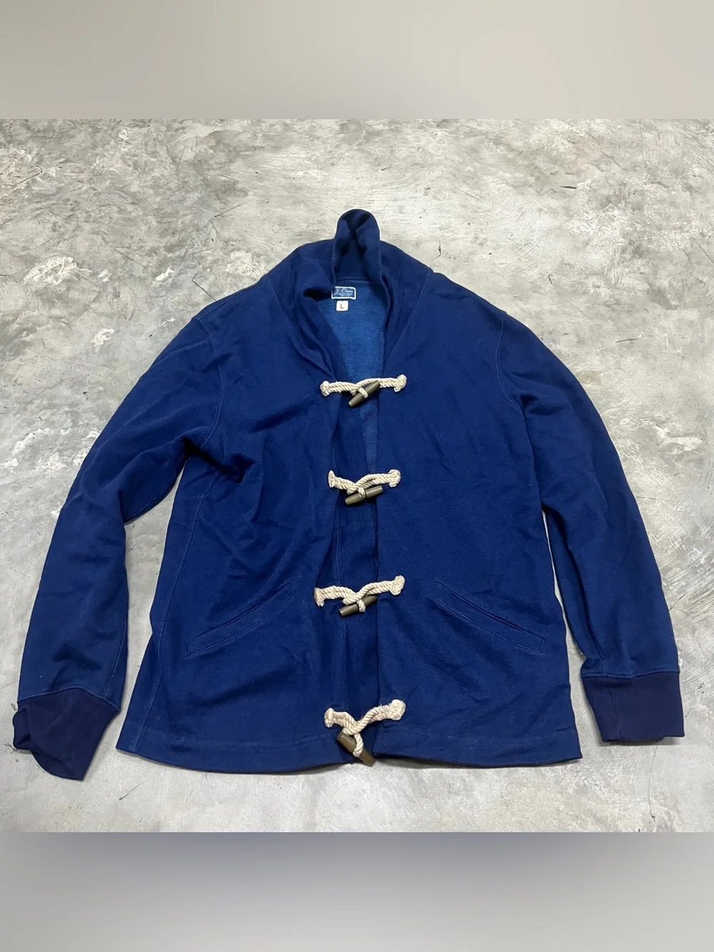 J. Crew Mens Cardigan Sweater Large Cotton Preppy Nautical Navy Blue Rope Toggle